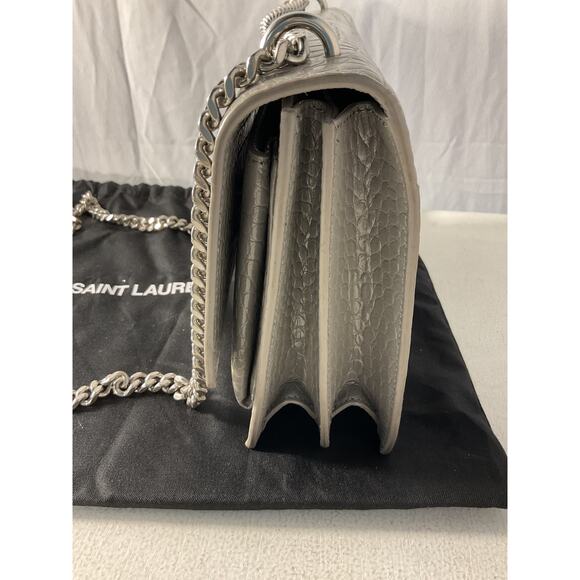 Saint Laurent 'Sunset' Grey Leather Croc-Embossed Shoulder Bag - Picture 3 of 6